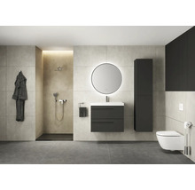 Salle de bains moderne avec douche, lavabo avec miroir, armoire haute et toilettes.