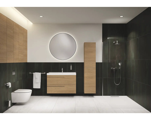 Salle de bain moderne avec lavabo, armoire de toilette, WC et douche