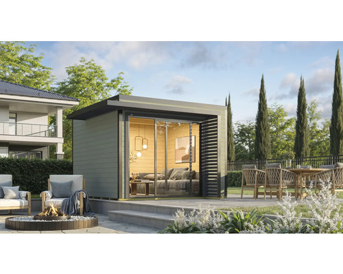 Abri de jardin weka Amberley 28 mm y compris plancher 350 x 353 cm gris vert-anthracite Maison de jardin moderne avec portes coulissantes en verre, terrasse avec mobilier de jardin et foyer