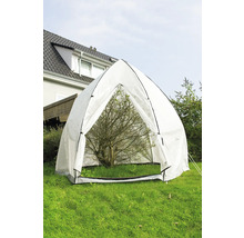 Scène de jardin avec une tente pour plantes transparente protégeant un petit arbre.