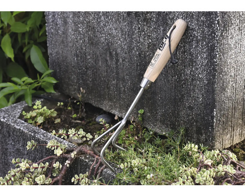 Gartengerät mit Holzgriff und drei Zinken zum Auflockern der Erde