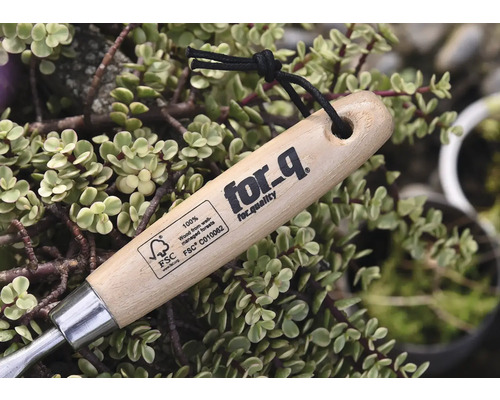 for_q Logo auf einem hölzernen Gartengerät mit FSC Siegel