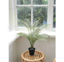 Palmier d'arec artificiel en pot sur une table en rotin devant une fenêtre