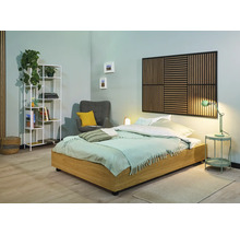 Chambre avec lit, table de chevet, fauteuil, étagère et panneau mural