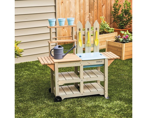 Table de jardin pour enfants en bois avec trois pots de fleurs, arrosoir et outils de jardinage