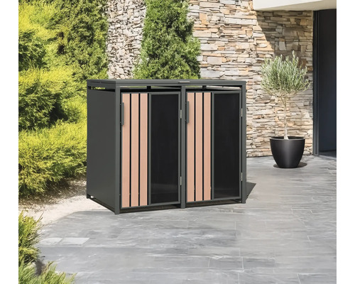 Cache-poubelle pour deux poubelles en métal et plastique