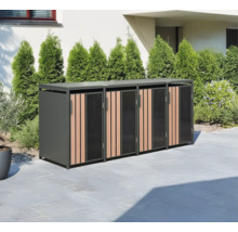 Cache-conteneurs à ordures en métal et bois pour trois conteneurs dans le jardin