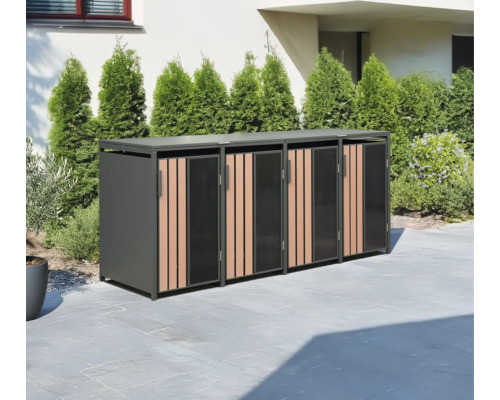 Cache-conteneurs à ordures en métal et bois pour trois conteneurs dans le jardin
