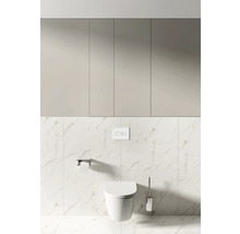Salle de bain moderne avec WC suspendu, porte-papier toilette, plaque de commande et garniture WC devant des carreaux de marbre