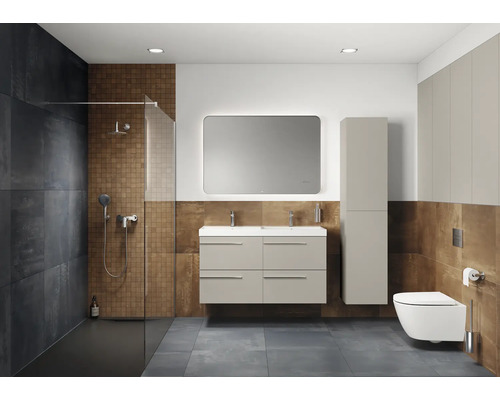 Salle de bains moderne avec douche, meuble-lavabo, miroir et toilettes dans les tons gris et marron