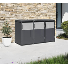 Trois abris poubelles gris avec plante en pot