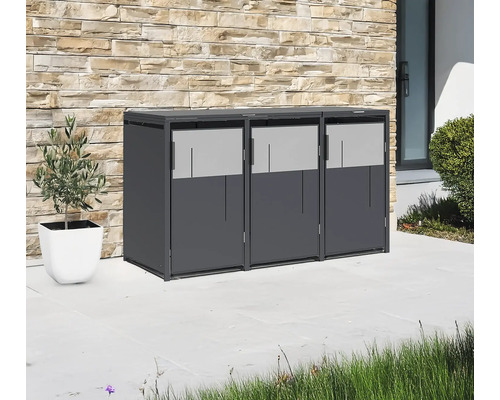 Trois abris poubelles gris avec plante en pot