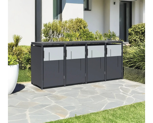 Cache-poubelle pour quatre poubelles sur une terrasse