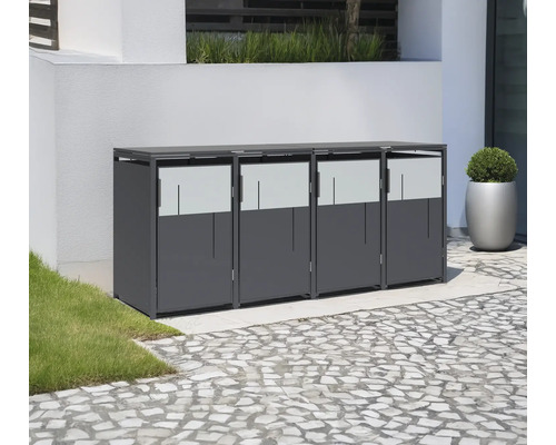 Cache-poubelles pour quatre poubelles devant un mur de maison