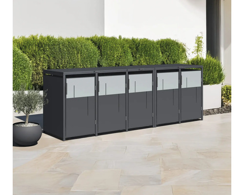 Cache-conteneurs pour trois poubelles sur une terrasse