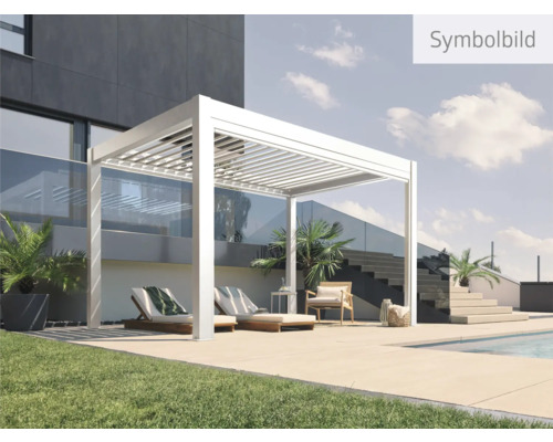 Freistehende weisse Pergola mit Gartenmöbeln im Aussenbereich