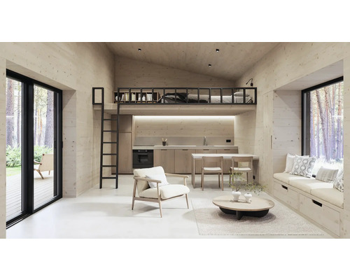 Intérieur avec murs en bois, kitchenette, coin salon et lit alcôve