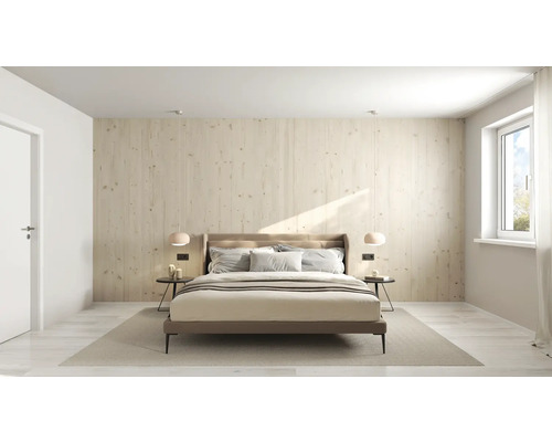 Chambre à coucher avec lit double, tables de chevet et lambris en bois