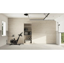 Garage avec équipement de fitness, étagère et porte de garage ouverte