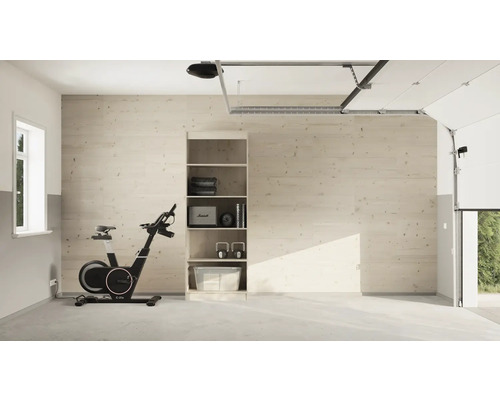 Garage avec équipement de fitness, étagère et porte de garage ouverte