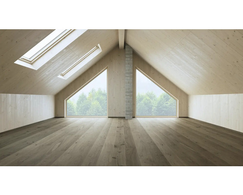 Grenier aménagé avec lambris, fenêtres de toit et fenêtres à pignon.