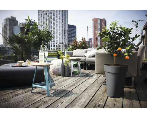 Terrasse sur le toit avec coin salon, table et plante en pot sur fond de bâtiments urbains