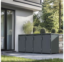 Cache-poubelle en métal avec jardinière devant une maison