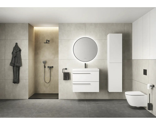 Salle de bains avec douche, lavabo, miroir, toilettes et linge de bain pour un intérieur moderne.