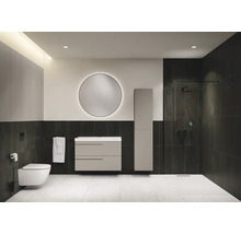 Salle de bains moderne avec toilettes, lavabo, armoire de toilette et douche.
