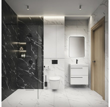 Salle de bain moderne avec douche, toilettes, meuble sous-vasque et miroir