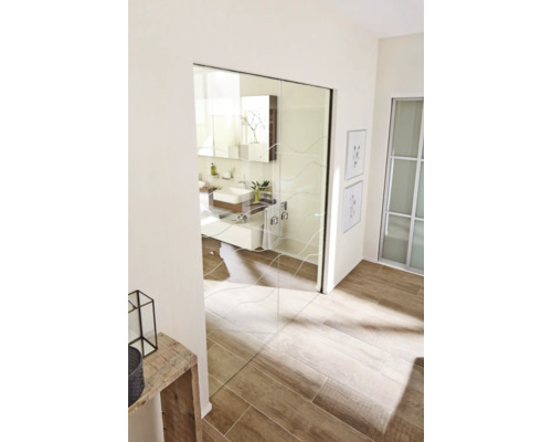 Helles Badezimmer mit Glasschiebetür und Holzbodenfliesen.