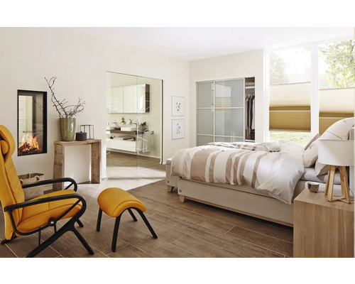 Chambre lumineuse avec cheminée, fauteuil et accès à la salle de bain par une porte en verre