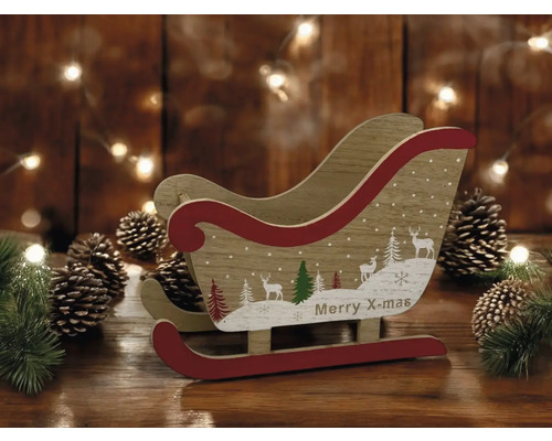 Dekorative Holzschlitten mit Weihnachtsmotiv und Schriftzug