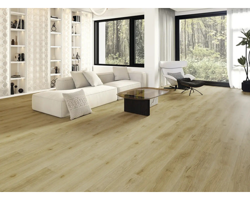 Espace de vie lumineux avec sol imitation bois, canapé, fauteuils et étagères