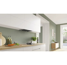 Helle Küche mit Dunstabzugshaube unter weißen Hängeschränken