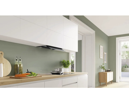 Moderne Küche mit Dunstabzugshaube unter weissen Hängeschränken