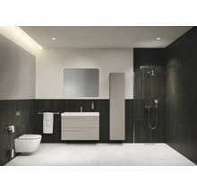 Salle de bain moderne avec WC, meuble sous-lavabo, miroir, armoire haute et douche