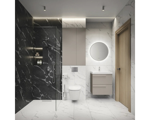 Salle de bains moderne avec douche, lavabo, miroir et toilettes