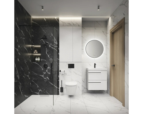 Salle de bain moderne avec douche, toilettes, lavabo et miroir