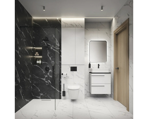 Salle de bain moderne avec douche, lavabo, miroir et toilettes.