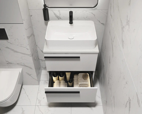 Salle de bain moderne avec meuble sous-lavabo blanc et tiroir ouvert