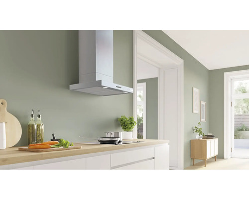 Küche mit Dunstabzugshaube, Kochfeld, Spüle und Arbeitsplatte