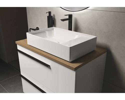 Meuble-lavabo avec vasque à poser rectangulaire, robinetterie et meuble sous-vasque à tiroirs pour la salle de bains