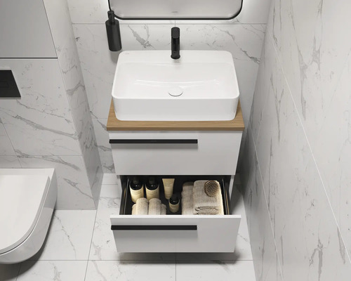 Salle de bains moderne avec lavabo, meuble sous-lavabo et tiroir ouvert