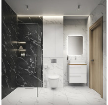 Salle de bains moderne avec douche, lavabo et toilettes sur fond de marbre noir et blanc