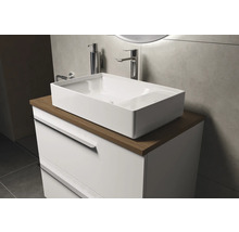 Meuble-lavabo avec vasque à poser et meuble sous-vasque dans la salle de bains.