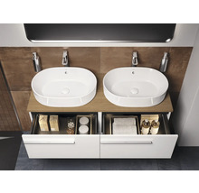 Salle de bain avec deux lavabos et meuble bas ouvert