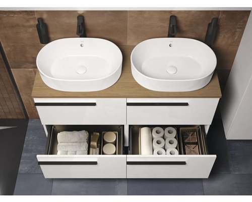 Meuble-lavabo avec deux lavabos, tiroirs et robinets