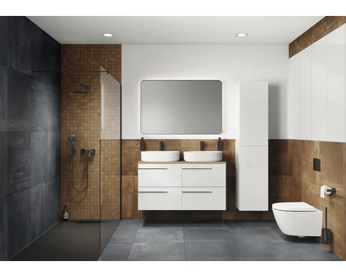 Salle de bain moderne avec douche, meuble-lavabo avec deux lavabos, miroir, armoire haute et toilettes