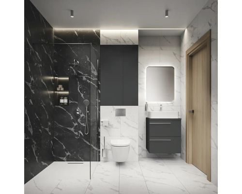 Modernes Badezimmer mit Dusche, Waschbecken, Spiegel und Toilette.